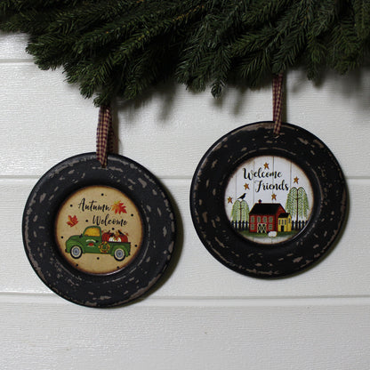 CVHOMEDECO. Primitives Rustic Homespun Hanging Decorative Plates Christmas Tree/Wall Hanging Décor Art, 5.75 Inch, Set of 2