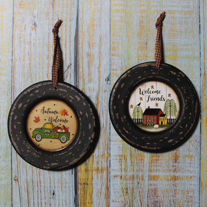 CVHOMEDECO. Primitives Rustic Homespun Hanging Decorative Plates Christmas Tree/Wall Hanging Décor Art, 5.75 Inch, Set of 2