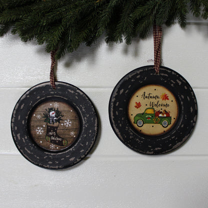 CVHOMEDECO. Primitives Rustic Homespun Hanging Decorative Plates Christmas Tree/Wall Hanging Décor Art, 5.75 Inch, Set of 2