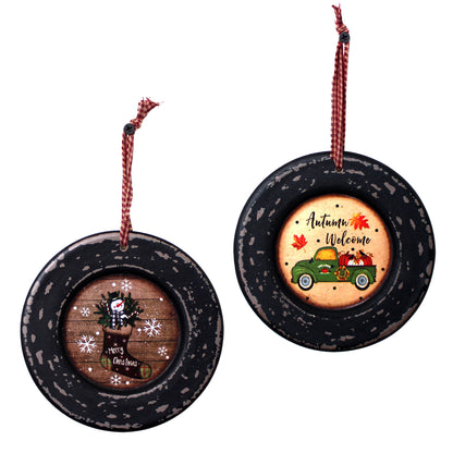 CVHOMEDECO. Primitives Rustic Homespun Hanging Decorative Plates Christmas Tree/Wall Hanging Décor Art, 5.75 Inch, Set of 2