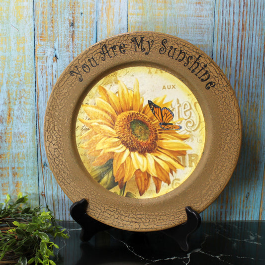 CVHOMEDECO. Sunflower Decorative Plate Primitives Round Crackled Display Wooden Plate Home Décor Art, 13.25 Inch