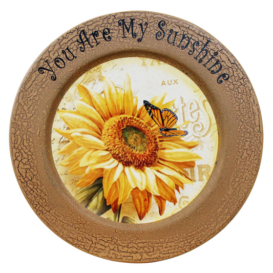 CVHOMEDECO. Sunflower Decorative Plate Primitives Round Crackled Display Wooden Plate Home Décor Art, 13.25 Inch
