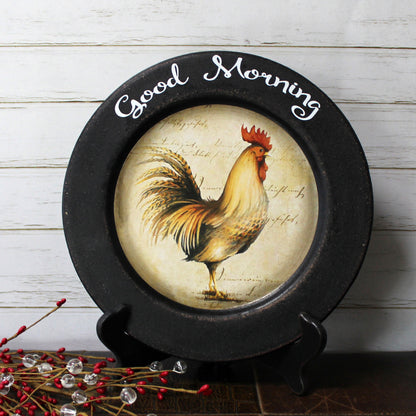 CVHOMEDECO. Rooster Decorative Plate Country Distressed Round Display Wooden Plate Home Décor Art, 11.25 Inch