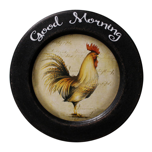 CVHOMEDECO. Rooster Decorative Plate Country Distressed Round Display Wooden Plate Home Décor Art, 11.25 Inch