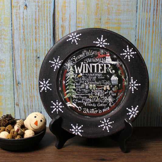 CVHOMEDECO. Winter Decorative Plate Primitives Distressed Round Christmas Display Wooden Plate Home Décor Art, 9.75 Inch