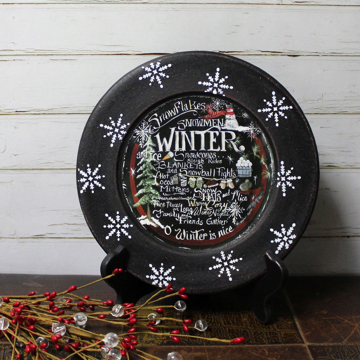 CVHOMEDECO. Winter Decorative Plate Primitives Distressed Round Christmas Display Wooden Plate Home Décor Art, 9.75 Inch