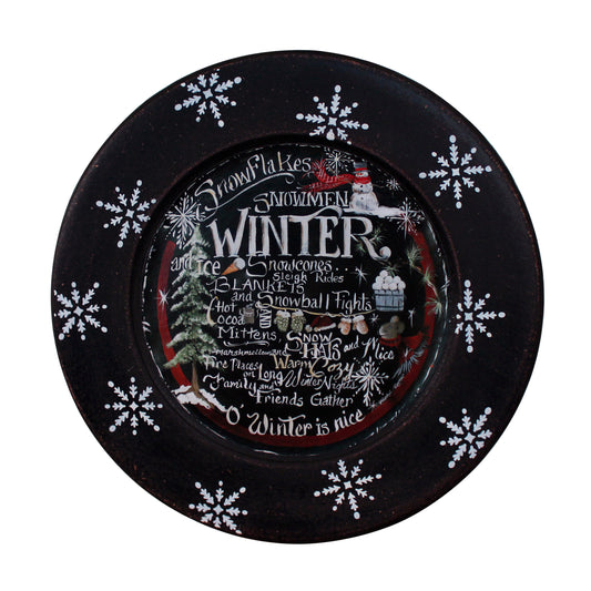 CVHOMEDECO. Winter Decorative Plate Primitives Distressed Round Christmas Display Wooden Plate Home Décor Art, 9.75 Inch