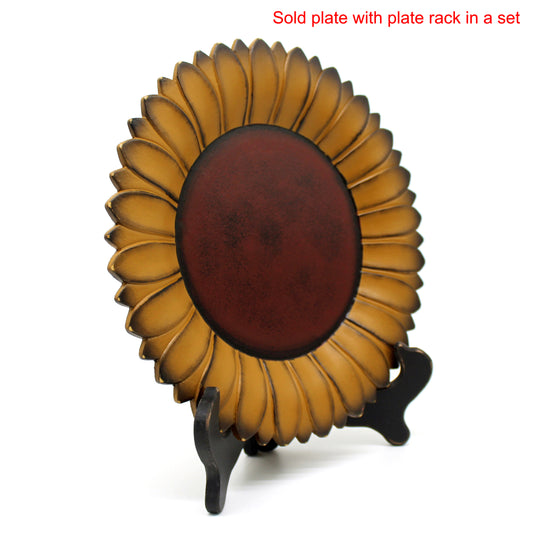CVHOMEDECO. Sunflower Plate with Rack Primitives Rustic Display Wooden Plate Home and Office Décor Art, 11 Inch