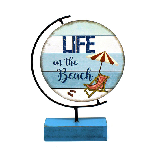 CVHOMEDECO. Round Two Sides Wood Beach Sign on Base Home and Office Décor Art, 8 Inch