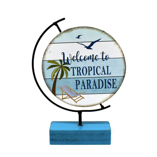 CVHOMEDECO. Round Two Sides Wood Beach Sign on Base Home and Office Décor Art, 8 Inch