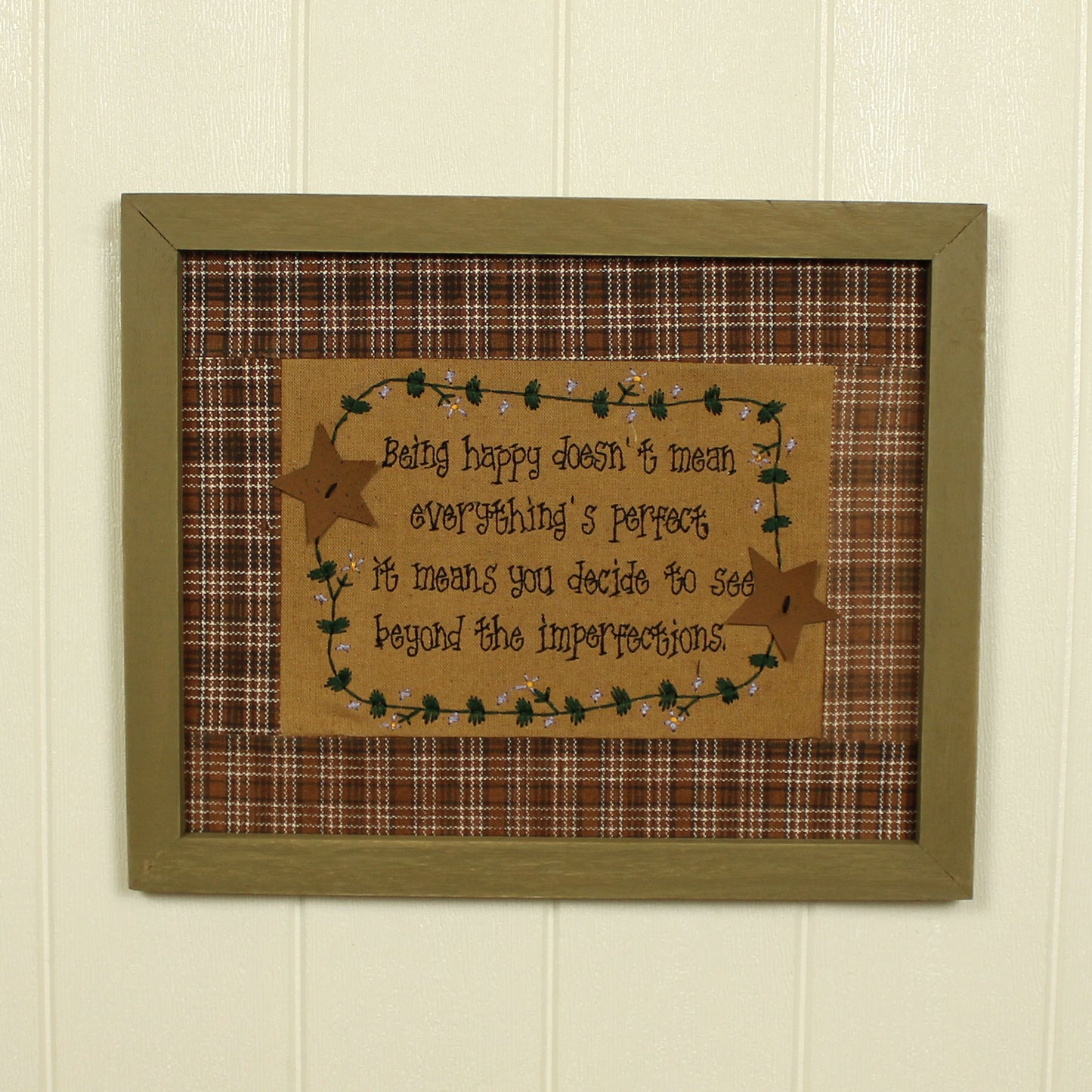 CVHOMEDECO. Primitives Vintage Being Happy Doesn’t Mean Everything’s Perfect. It Means You Decide to See Beyond the Imperfections Stitchery Frame Wall Mounted Hanging Decor Art, 15 x 12 Inch