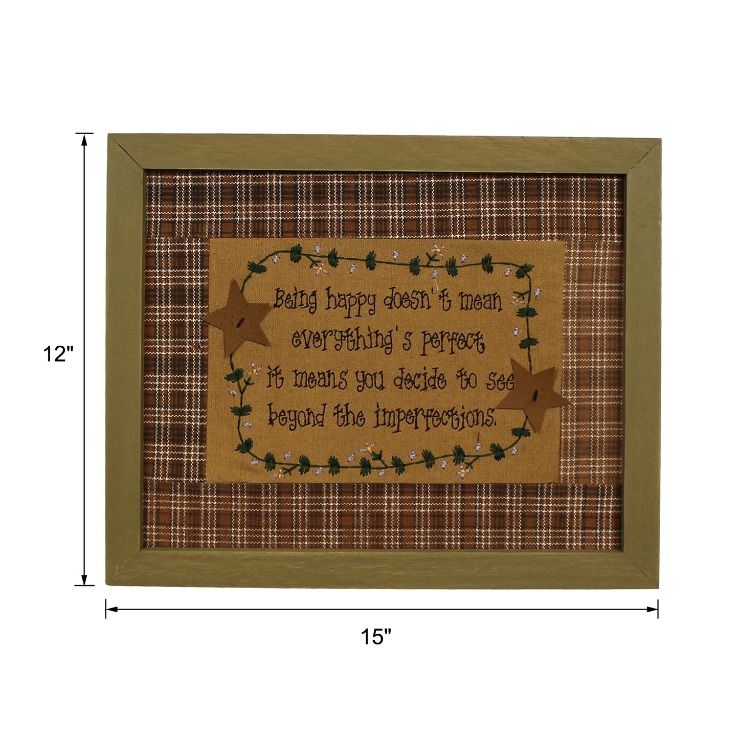 CVHOMEDECO. Primitives Vintage Being Happy Doesn’t Mean Everything’s Perfect. It Means You Decide to See Beyond the Imperfections Stitchery Frame Wall Mounted Hanging Decor Art, 15 x 12 Inch