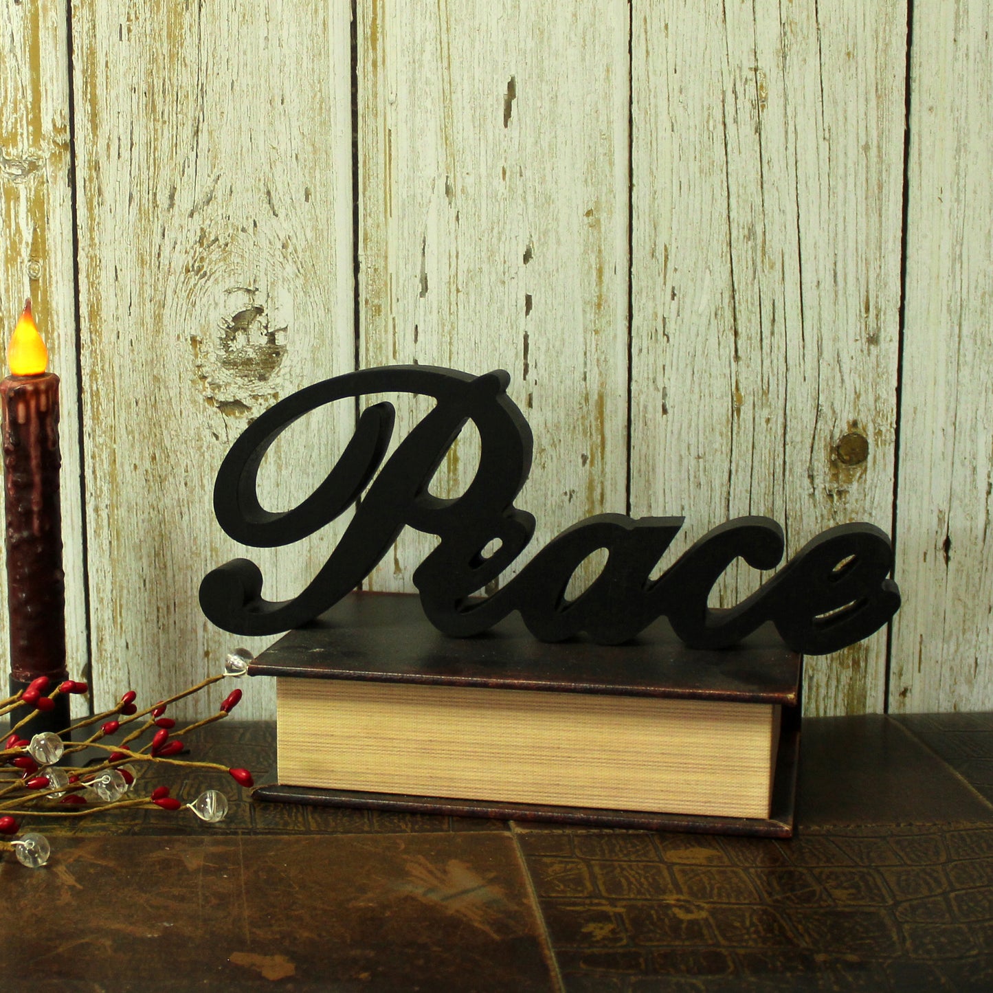 CVHOMEDECO. Matt Black Wooden Words Sign Free Standing "Peace" Desk/Table/Shelf/Home Wall/Office Decoration Art, 11 x 4.25 x 1 Inch