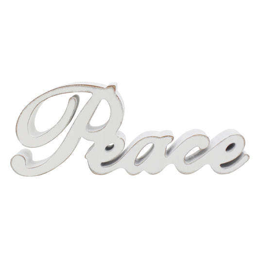 CVHOMEDECO. Rustic Vintage Distressed White Wooden Words Sign Free Standing "Peace" Tabletop/Shelf/Home Wall/Office Decoration Art, 11 x 4.25 x 1 Inch