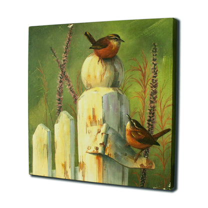 CVHOMEDECO. Primitives Rustic Hand Painted Wooden Frame Wall Hanging 3D Painting Decoration Art, Birds in Barrier Design, 15 x 15 Inch