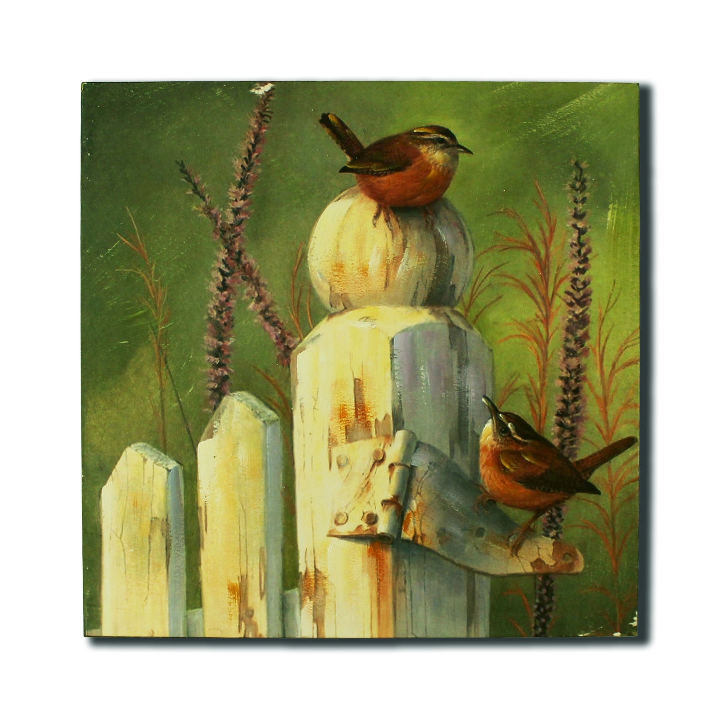 CVHOMEDECO. Primitives Rustic Hand Painted Wooden Frame Wall Hanging 3D Painting Decoration Art, Birds in Barrier Design, 15 x 15 Inch