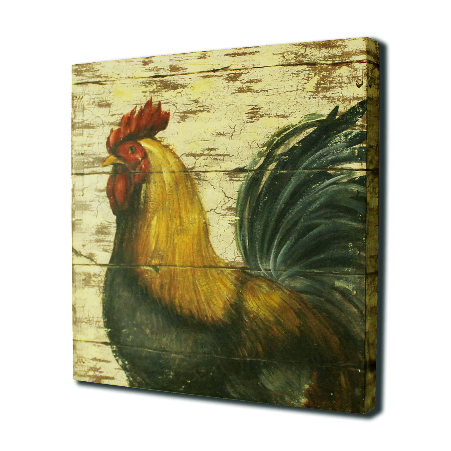 CVHOMEDECO. Primitives Rustic Hand Painted Wooden Frame Wall Hanging 3D Painting Decoration Art, Rooster Design, 14 x 14 Inch