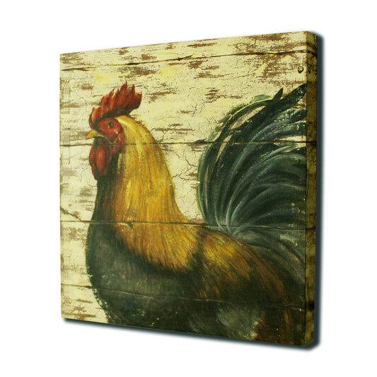 CVHOMEDECO. Primitives Rustic Hand Painted Wooden Frame Wall Hanging 3D Painting Decoration Art, Rooster Design, 14 x 14 Inch