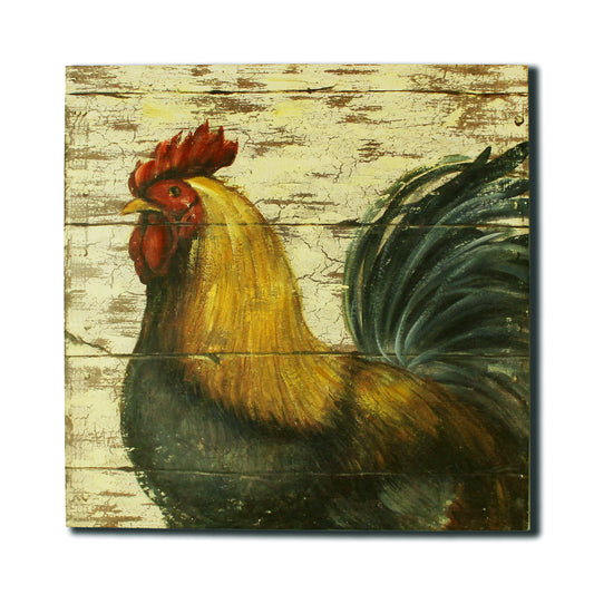 CVHOMEDECO. Primitives Rustic Hand Painted Wooden Frame Wall Hanging 3D Painting Decoration Art, Rooster Design, 14 x 14 Inch