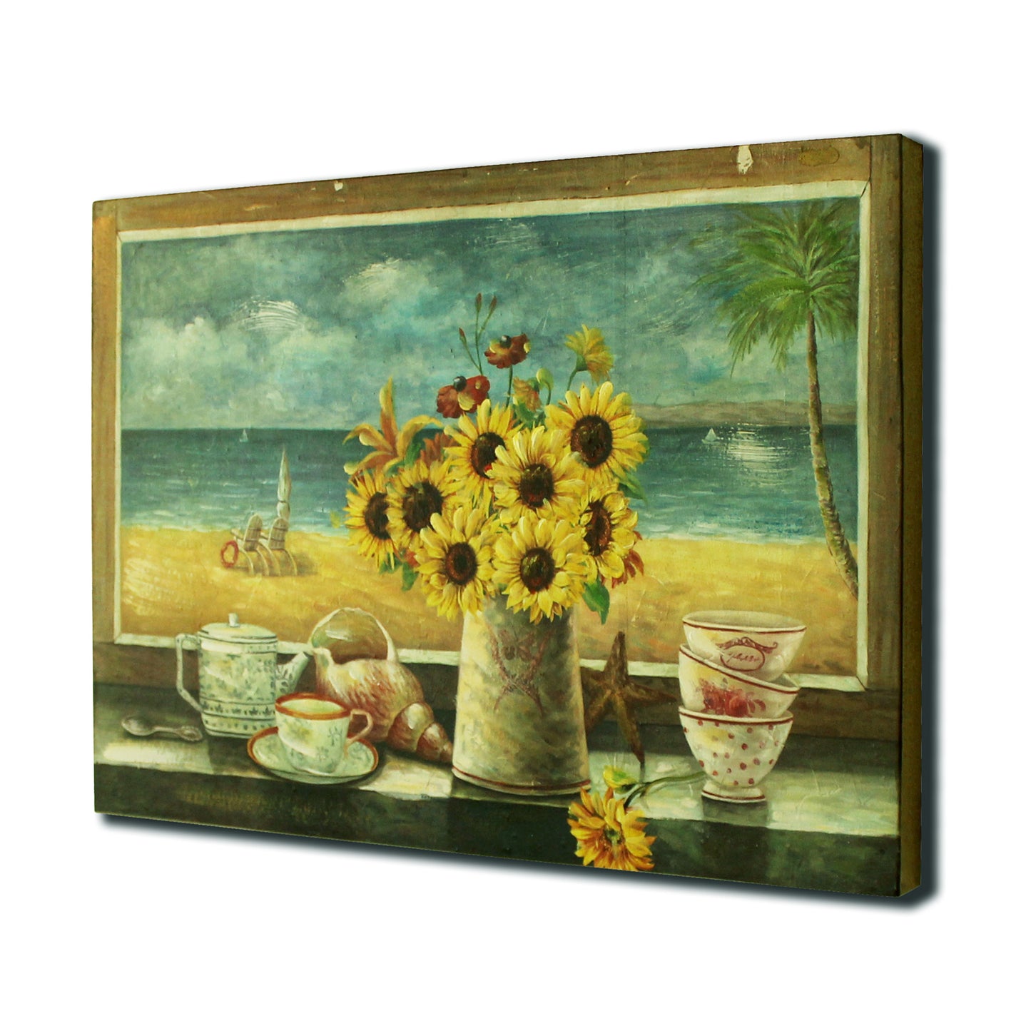 CVHOMEDECO. Primitives Rustic Hand Painted Wooden Frame Wall Hanging 3D Painting Decoration Art, Sunflower in Jar Design, 15.75 x 11.75 Inch
