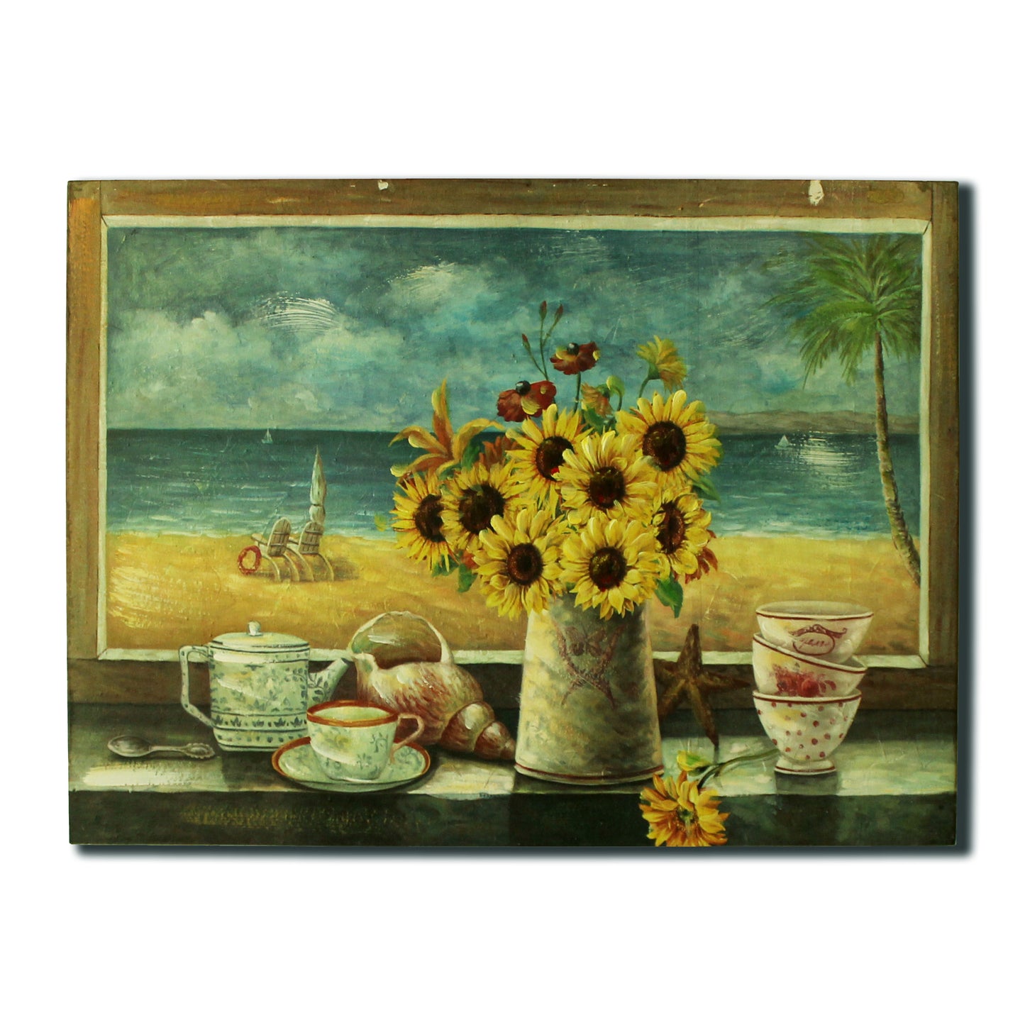 CVHOMEDECO. Primitives Rustic Hand Painted Wooden Frame Wall Hanging 3D Painting Decoration Art, Sunflower in Jar Design, 15.75 x 11.75 Inch