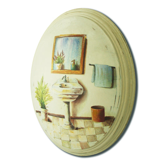 CVHOMEDECO. Primitives Rustic Hand Painted Wood Frame Oval Wall Hanging 3D Painting Decoration Art, Washroom Design, 14.25 x 18 Inch