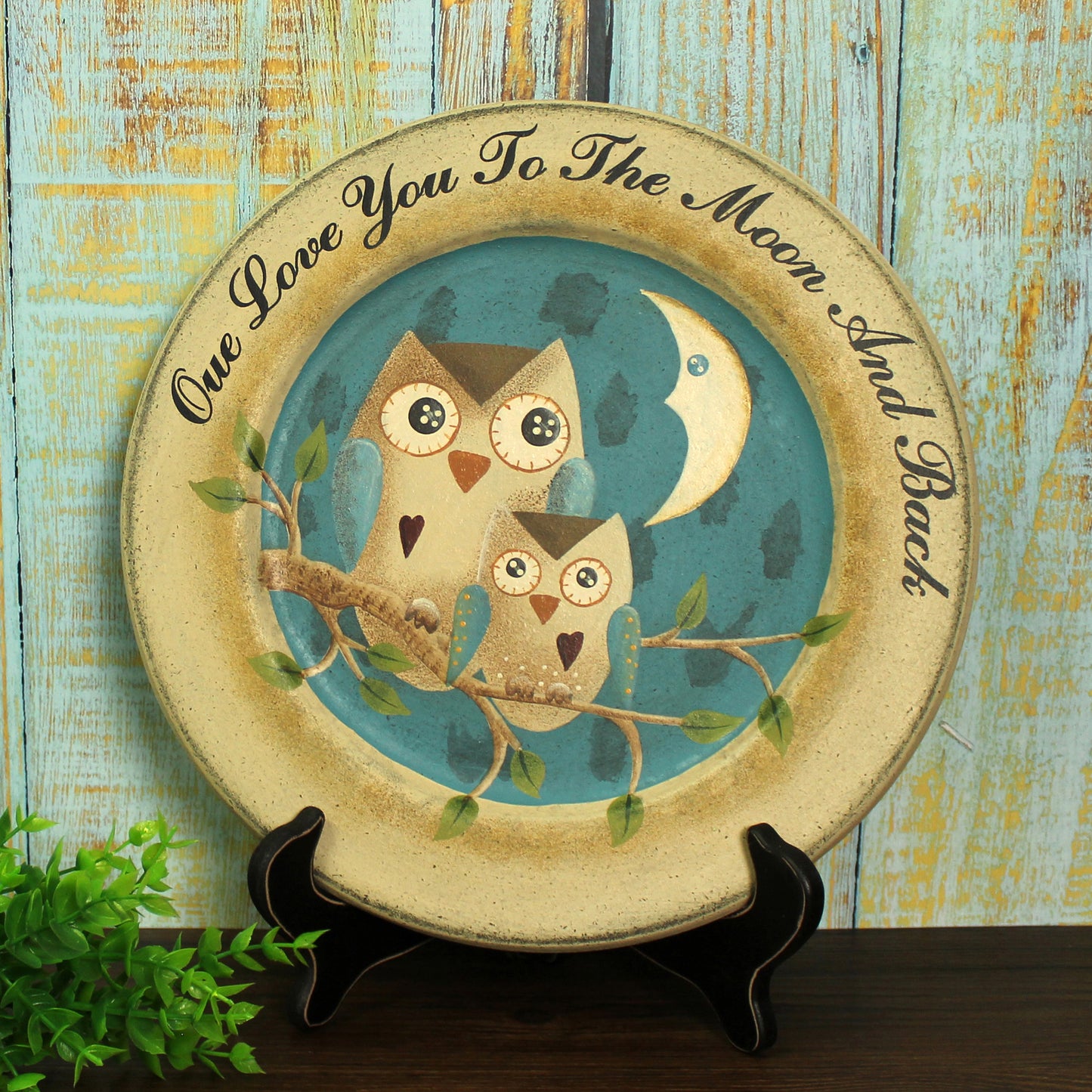 CVHOMEDECO. Primitives Distressed “Our Love You To The Moon And Back”Decorative Plate Round Display Wooden Plate Home Décor Art, 11.25 Inch