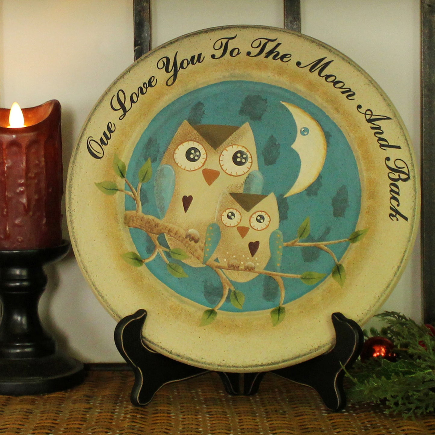 CVHOMEDECO. Primitives Distressed “Our Love You To The Moon And Back”Decorative Plate Round Display Wooden Plate Home Décor Art, 11.25 Inch
