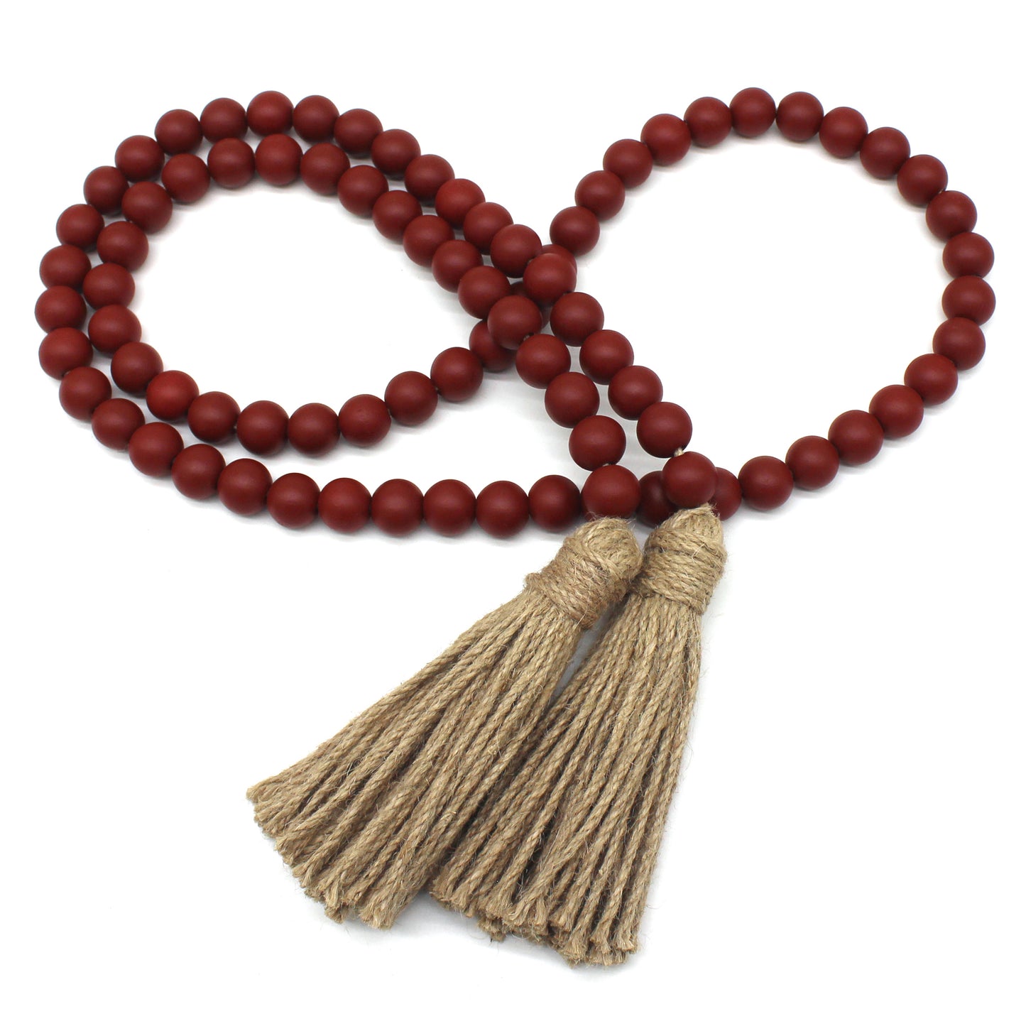 CVHOMEDECO. Wood Beads Garland with Tassels Farmhouse Rustic Wooden Prayer Bead String Wall Hanging Accent for Home Festival Decor. Burgundy