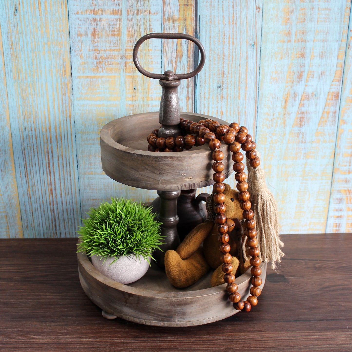 CVHOMEDECO. Wood Grain Beads Garland with Tassels Farmhouse Rustic Wooden Prayer Bead String Wall Hanging Accent for Home Festival Decor. Dark Brown