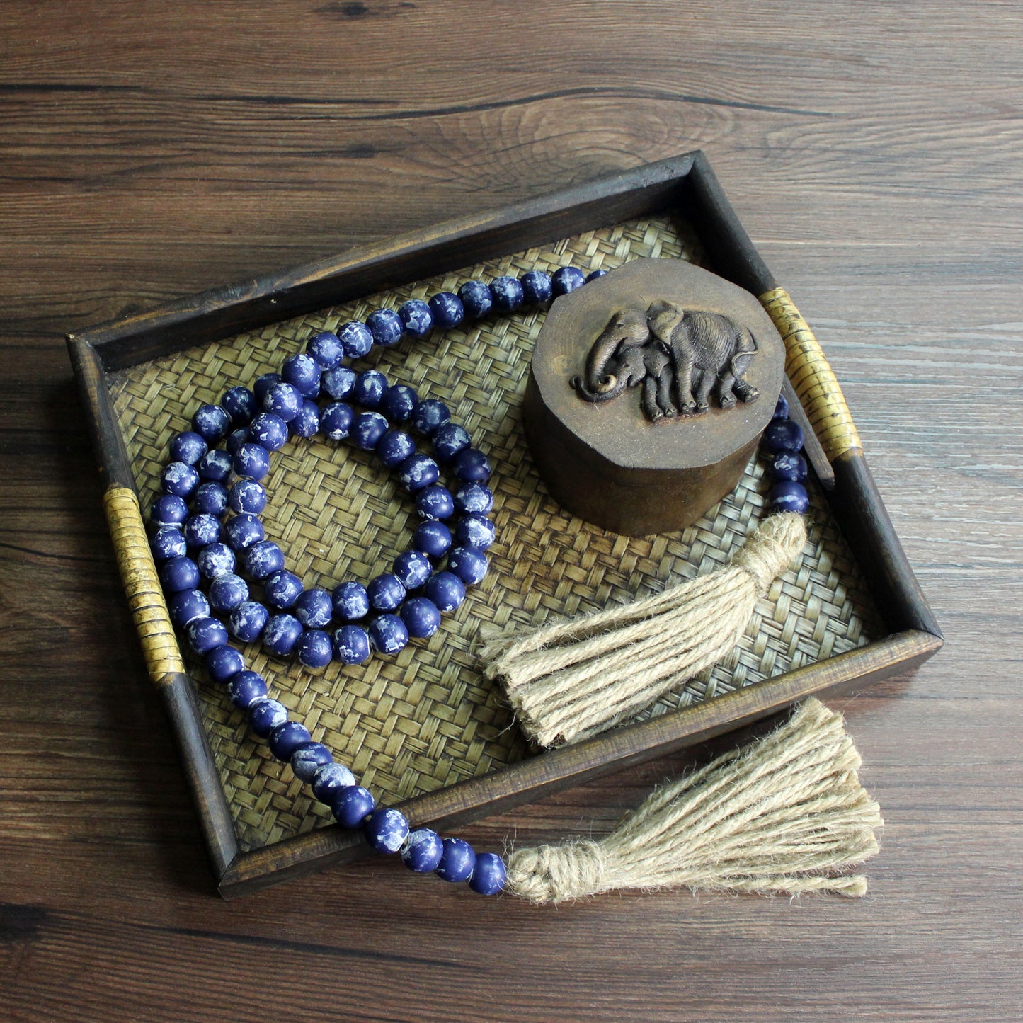 CVHOMEDECO. Wood Beads Garland with Tassels Farmhouse Rustic Wooden Prayer Bead String Wall Hanging Accent for Home Festival Decor. Navy Blue Distressed