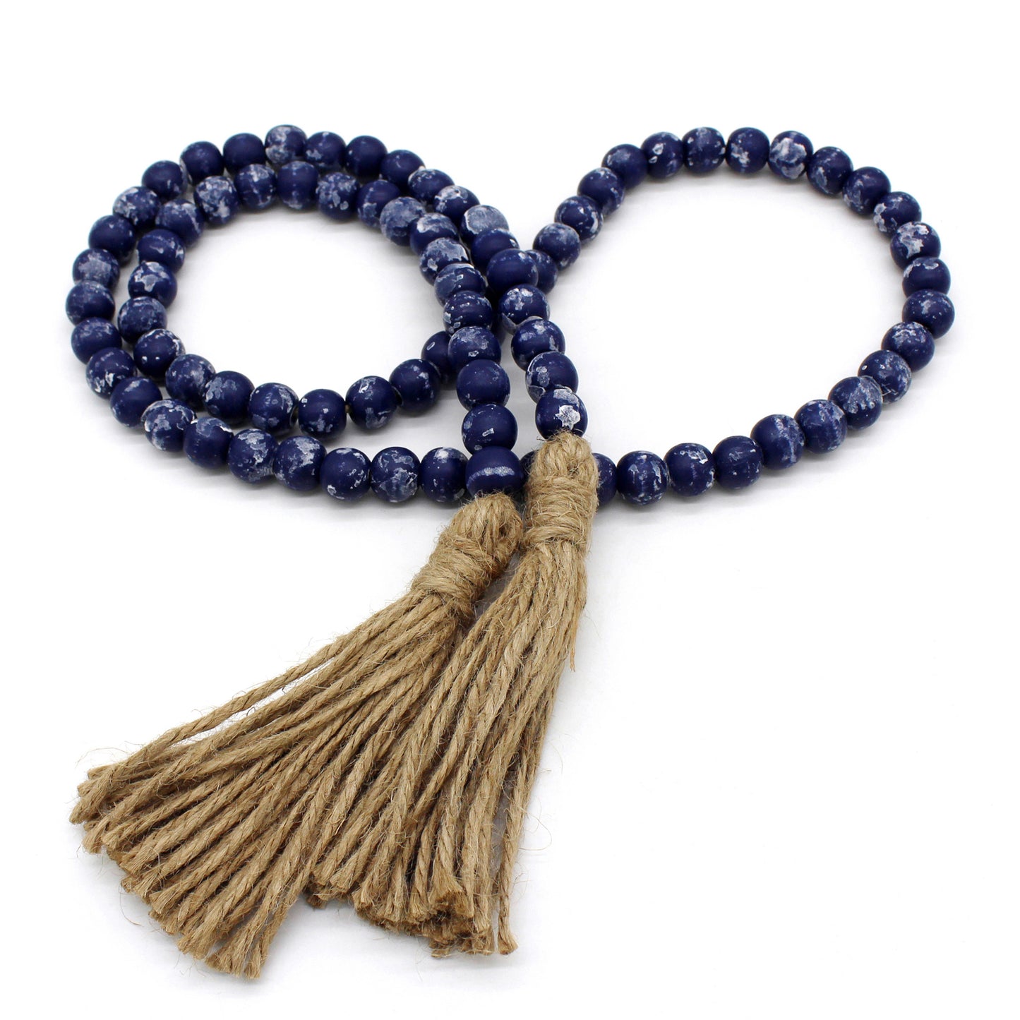 CVHOMEDECO. Wood Beads Garland with Tassels Farmhouse Rustic Wooden Prayer Bead String Wall Hanging Accent for Home Festival Decor. Navy Blue Distressed