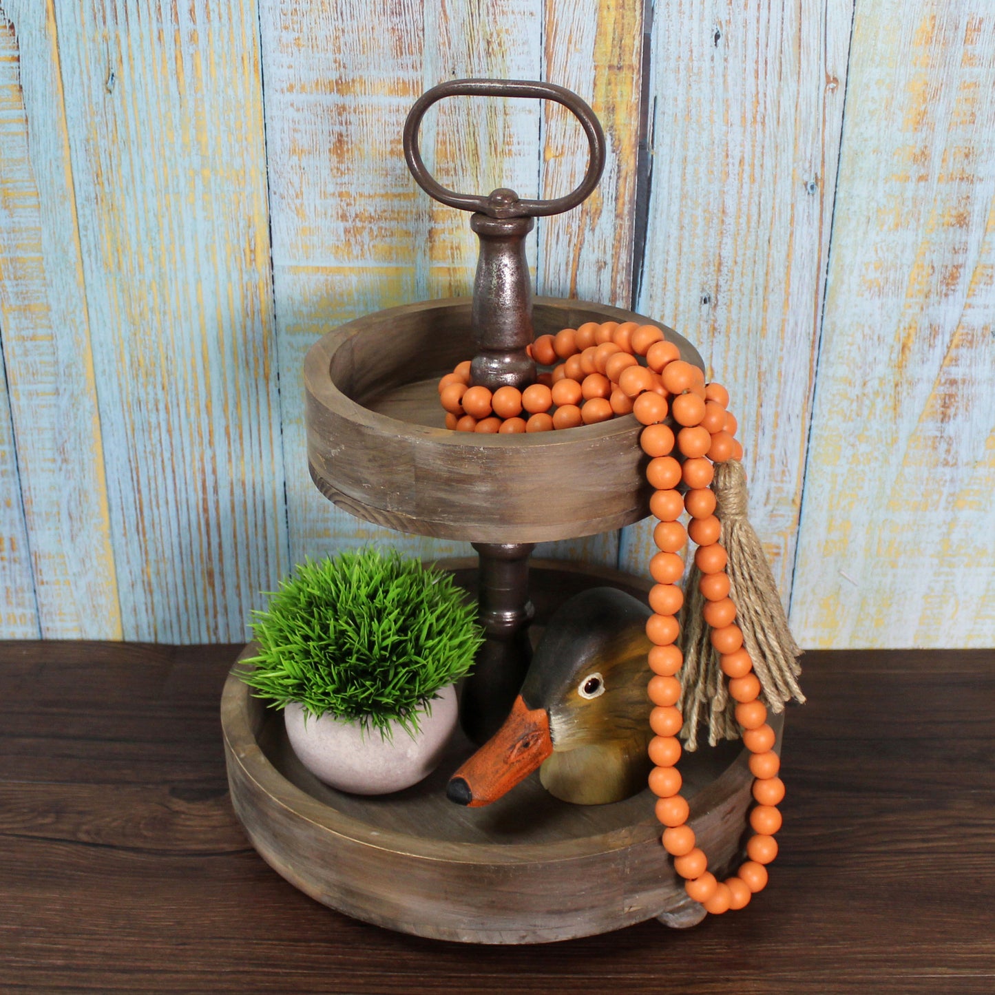 CVHOMEDECO. Wood Beads Garland with Tassels Farmhouse Rustic Wooden Prayer Bead String Wall Hanging Accent for Home Festival Decor. Orange