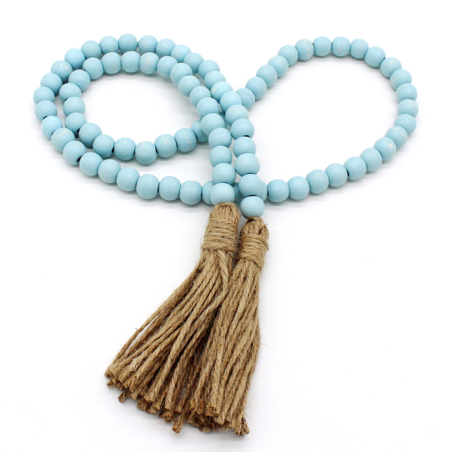 CVHOMEDECO. Wood Beads Garland with Tassels Farmhouse Rustic Wooden Prayer Bead String Wall Hanging Accent for Home Festival Decor. Teal Distressed