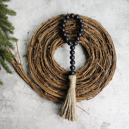 CVHOMEDECO. Wood Beads Garland with Tassels 3 PCS Farmhouse Rustic Wooden Prayer Bead String Wall Hanging Accent for Home Festival Decor. Black