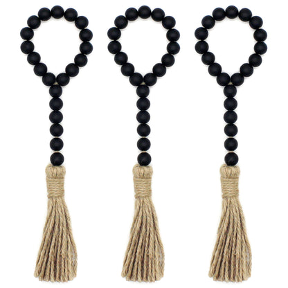 CVHOMEDECO. Wood Beads Garland with Tassels 3 PCS Farmhouse Rustic Wooden Prayer Bead String Wall Hanging Accent for Home Festival Decor. Black