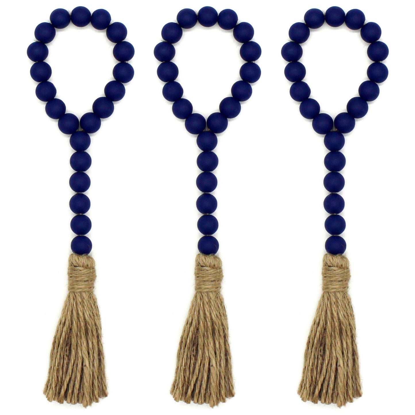 CVHOMEDECO. Wood Beads Garland with Tassels 3 PCS Farmhouse Rustic Wooden Prayer Bead String Wall Hanging Accent for Home Festival Decor. Navy Blue