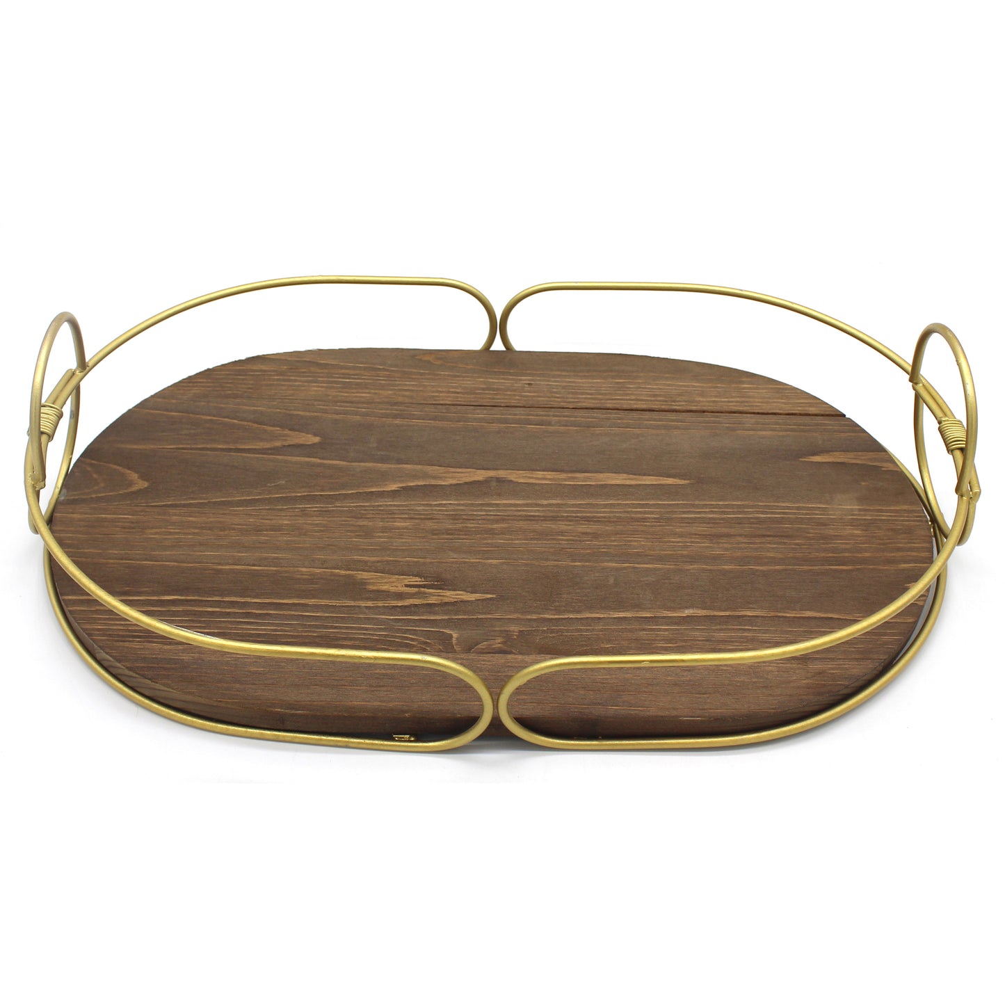 CVHOMEDECO. Decorative Tray with Golden Handle Oval Wood Serving Tray with Metal Handles for Breakfast in Bed, Lunch, Dinner, Appetizers, Kitchen, Ottoman, Coffee Table, BBQ and Party