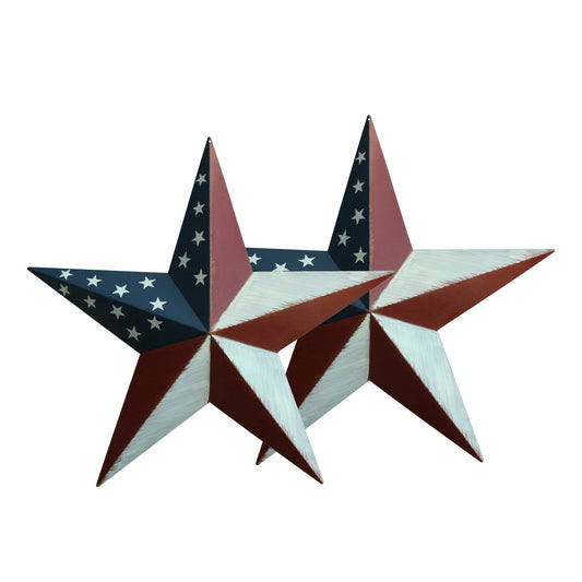 CVHOMEDECO. Primitives Vintage Gifts American Flag Metal Barn Star Wall/Door Decor, 18 Inch, Set of 2.