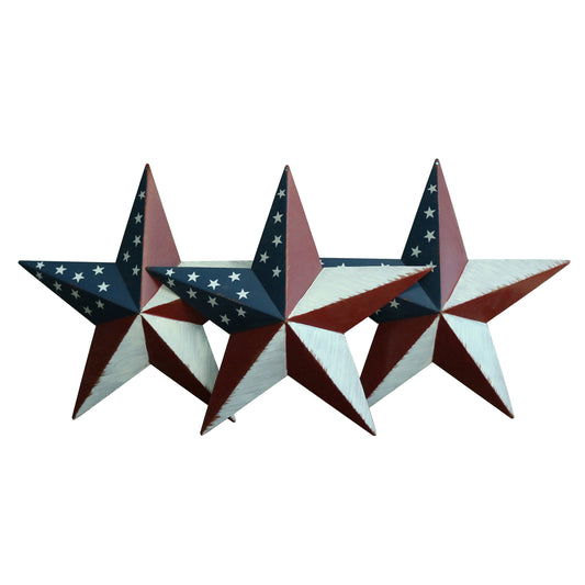 CVHOMEDECO. Rustic Antique Gifts American Flag Metal Barn Star Wall/Door Decor, 12 Inch, Set of 3.