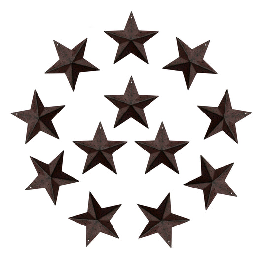 CVHOMEDECO. Rustic Primitive Antique Vintage Gifts Burgundy/Black Metal Barn Star Wall/Door Decor, 3 Inch, Set of 12.