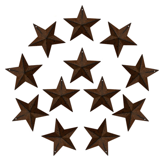 CVHOMEDECO. Primitives Rustic Antique Vintage Gifts Rusty/Black Metal Barn Star Wall/Door Decor, 3 Inch, Set of 12.