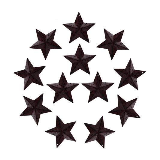 CVHOMEDECO. Rustic Primitive Antique Vintage Gifts Burgundy/Black Small Metal Barn Star Wall/Door Decor, 2.5 Inch, Set of 12.