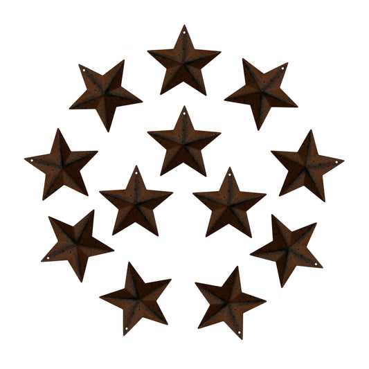 CVHOMEDECO. Rustic Primitive Antique Vintage Gifts Rusty/Black Small Metal Barn Star Wall/Door Decor, 2.5 Inch, Set of 12.