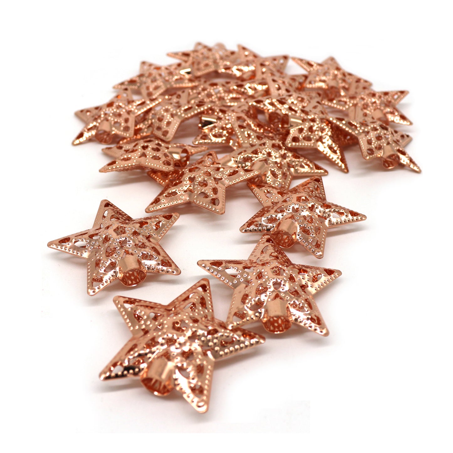 CVHOMEDECO. Rose Gold Metal 3D Star Design Decorations Hanging Decorative Barn Stars Accessories for Home Bedroom Wedding Party Birthday Valentine's Day and Holiday Seasonal Décor, Set of 50.
