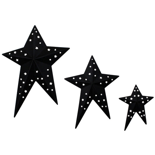 CVHOMEDECO. Primitives Rustic Vintage Gifts Black Punched Metal Barn Stars for Wall/Wreaths/Twigs Decor, 8/6/4 Inch, Set of 3