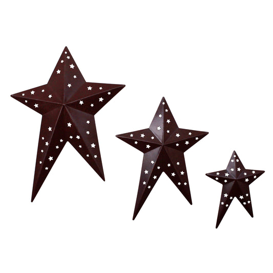 CVHOMEDECO. Primitives Rustic Vintage Gifts Burgundy Punched Metal Barn Stars for Wall/Wreaths/Twigs Decor, 8/6/4 Inch, Set of 3