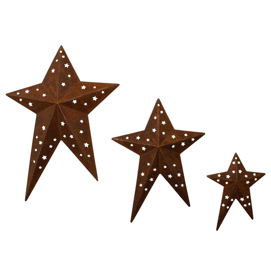 CVHOMEDECO. Primitives Rustic Vintage Gifts Rusty Punched Metal Barn Stars for Wall/Wreaths/Twigs Decor, 8/6/4 Inch, Set of 3