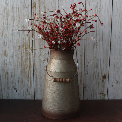 CVHOMEDECO. 10 Inch Galvanized Metal Milk Can with Wooden Handle, Old Rustic Farmhouse Pitcher Jug Vase for Home and Garden Décor.