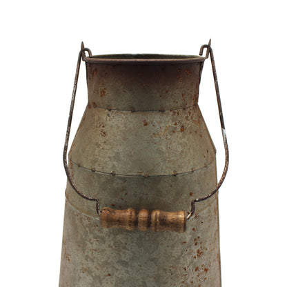 CVHOMEDECO. 10 Inch Galvanized Metal Milk Can with Wooden Handle, Old Rustic Farmhouse Pitcher Jug Vase for Home and Garden Décor.